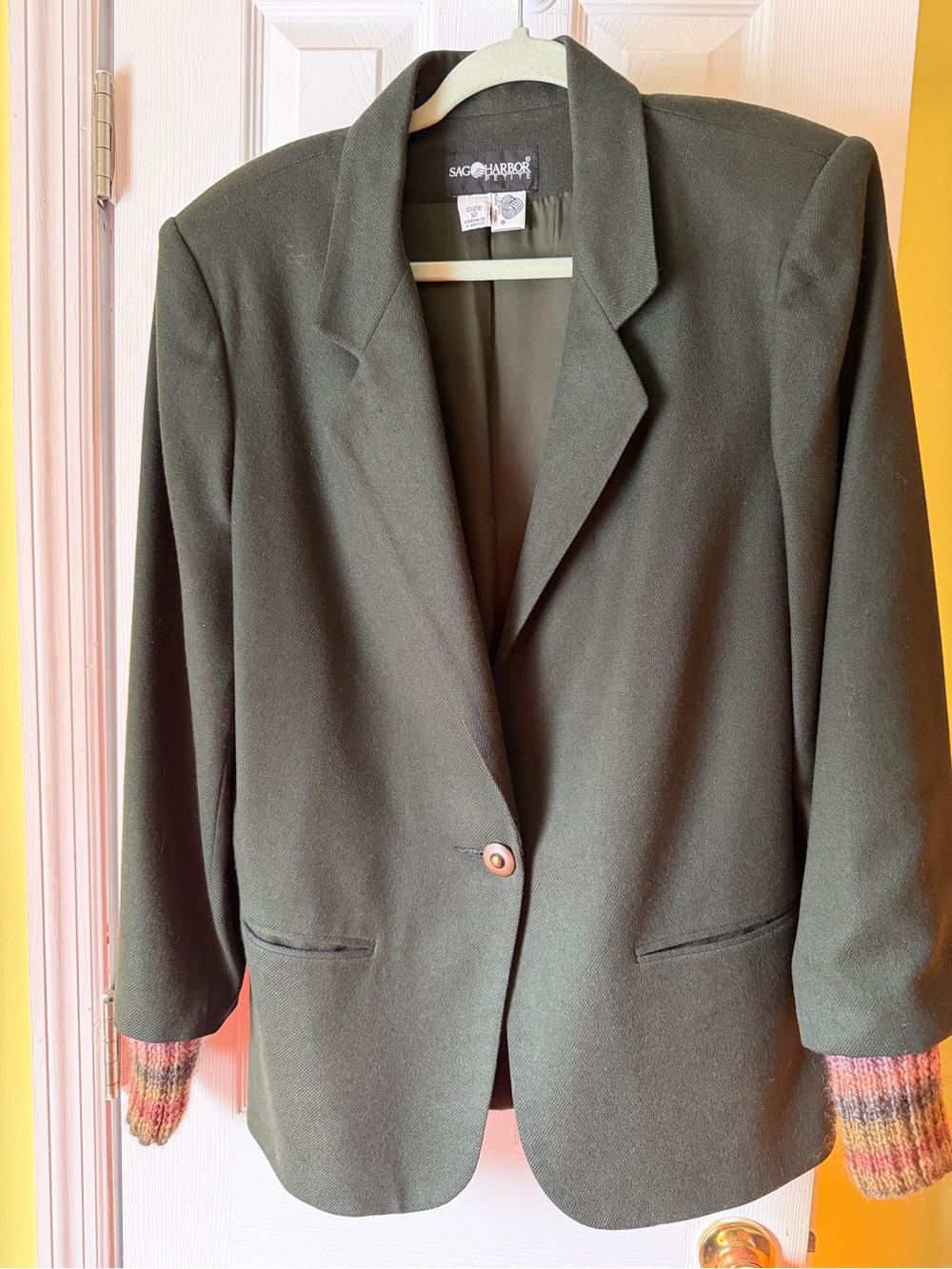 Sag Harbor 90s Olive Green Women’s Blazer Jacket 12 upcycled wool cuffs/scarf